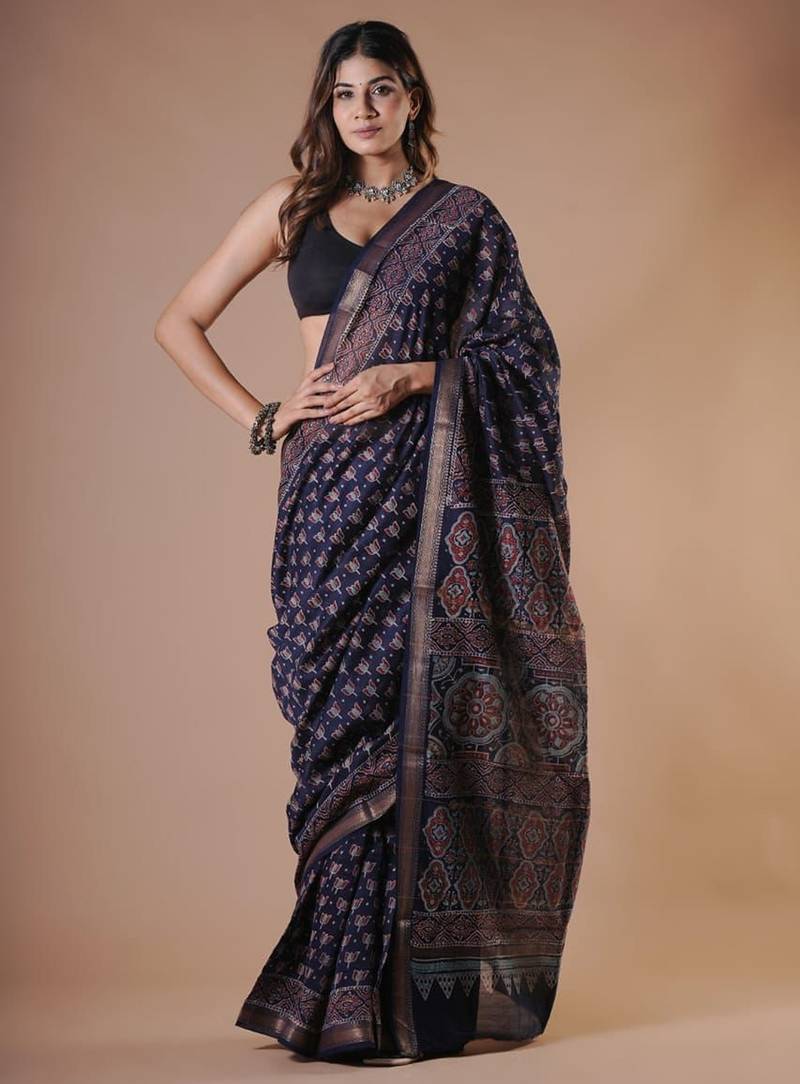 Black maheshwari silk saree with woven borders and beautiful hand block print
