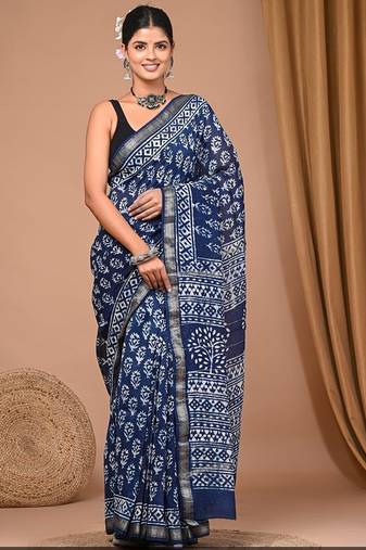 Blue maheshwari silk saree with woven borders and beautiful hand block print