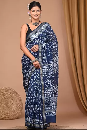 Blue maheshwari silk saree with woven borders and beautiful hand block print