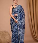 Blue maheshwari silk saree with woven borders and beautiful hand block print