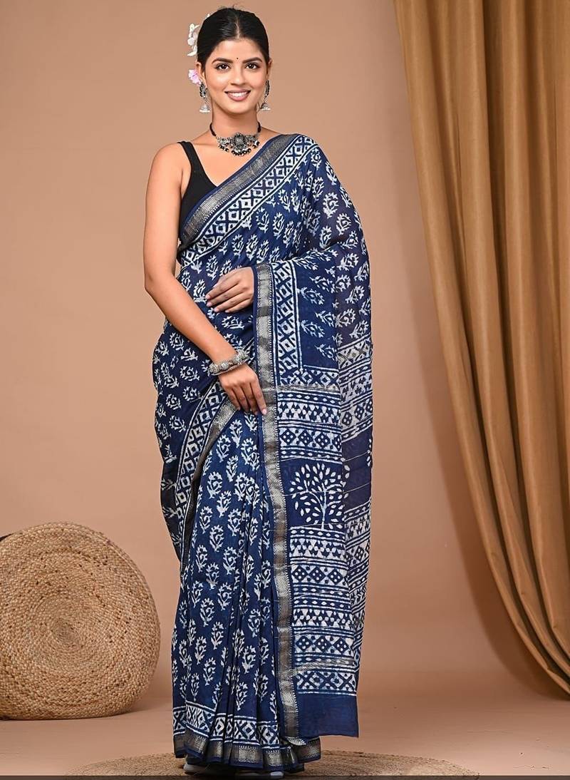 Blue maheshwari silk saree with woven borders and beautiful hand block print