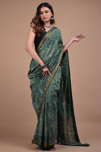 Green maheshwari silk saree with woven borders and beautiful hand block print