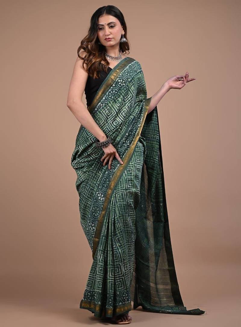 Green maheshwari silk saree with woven borders and beautiful hand block print