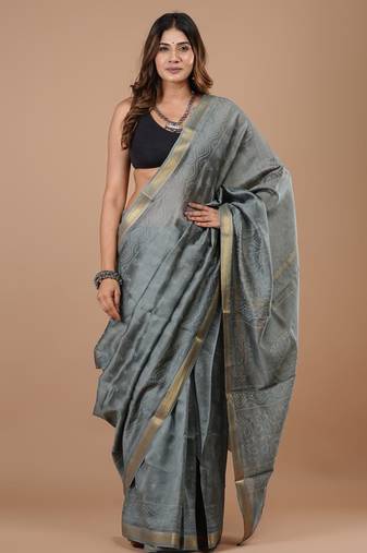 Grey maheshwari silk saree with woven borders and beautiful hand block print