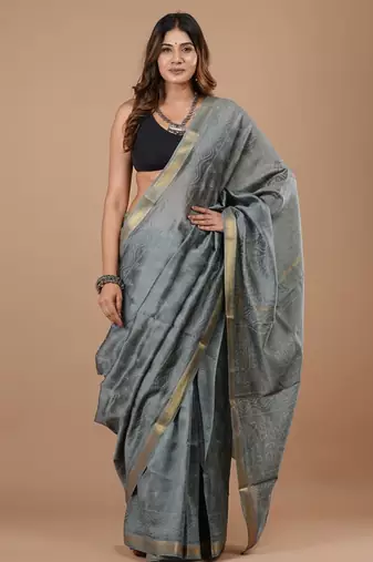 Grey maheshwari silk saree with woven borders and beautiful hand block print