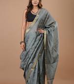 Grey maheshwari silk saree with woven borders and beautiful hand block print