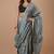 Grey maheshwari silk saree with woven borders and beautiful hand block print