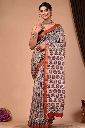 Multicolor maheshwari silk saree with woven borders and beautiful hand block print