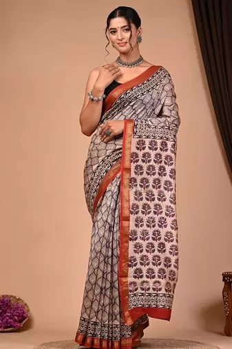 Multicolor maheshwari silk saree with woven borders and beautiful hand block print
