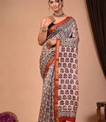 Multicolor maheshwari silk saree with woven borders and beautiful hand block print