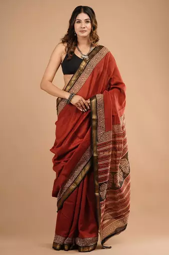 Red maheshwari silk saree with woven borders and beautiful hand block print