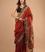 Red maheshwari silk saree with woven borders and beautiful hand block print