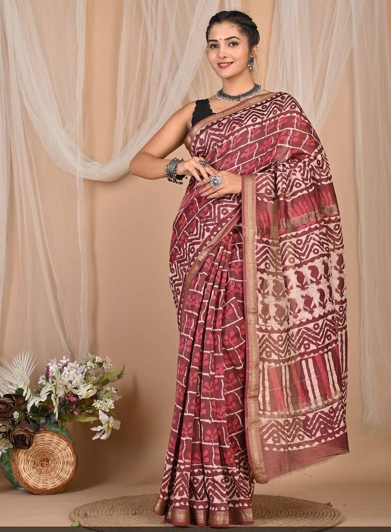 Multicolor maheshwari silk saree with woven borders and beautiful hand block print