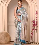 Multicolor maheshwari silk saree with woven borders and beautiful hand block print