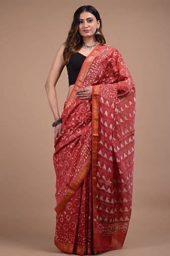 Red maheshwari silk saree with woven borders and beautiful hand block print