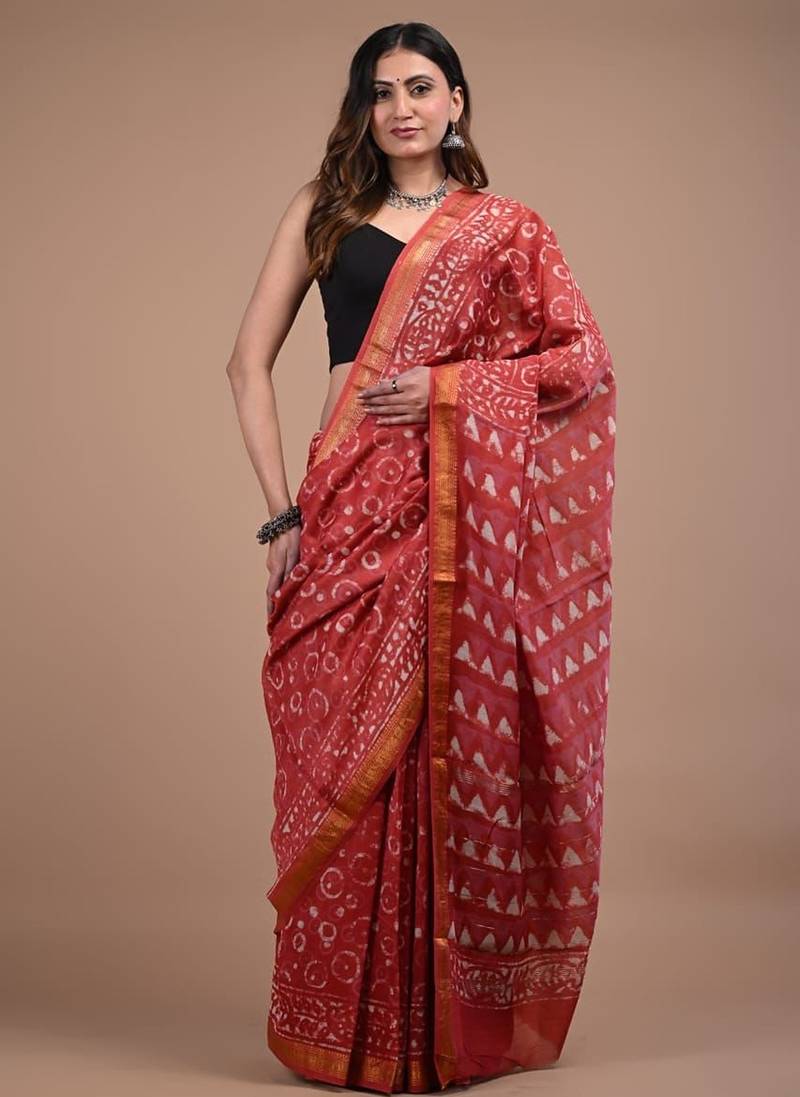 Red maheshwari silk saree with woven borders and beautiful hand block print