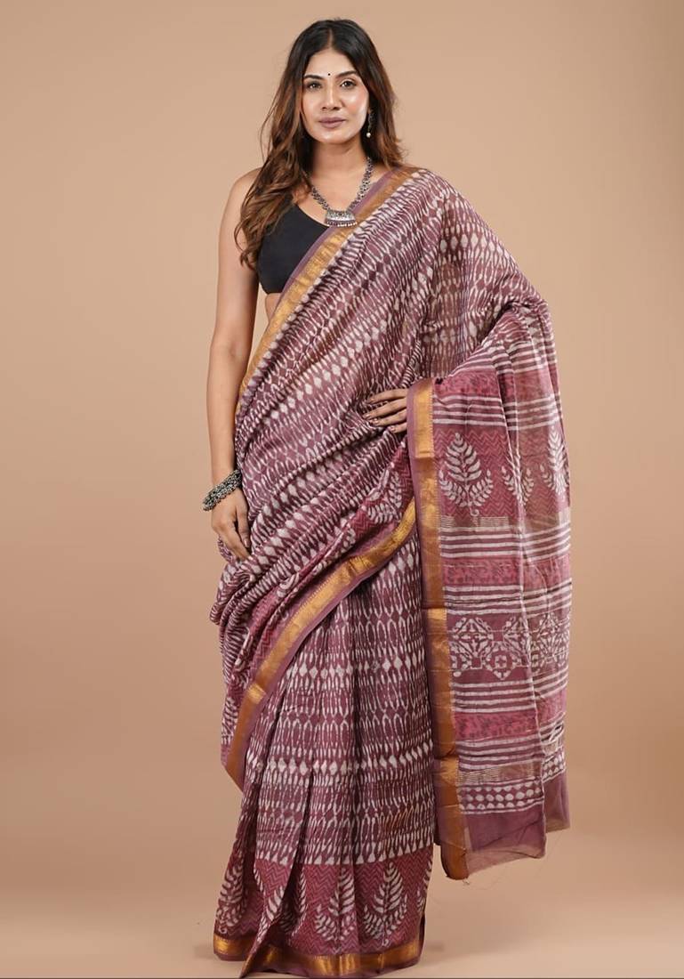 Multicolor maheshwari silk saree with woven borders and beautiful hand block print