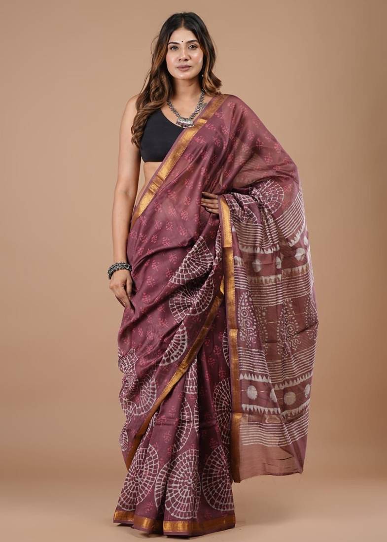 Multicolor maheshwari silk saree with woven borders and beautiful hand block print