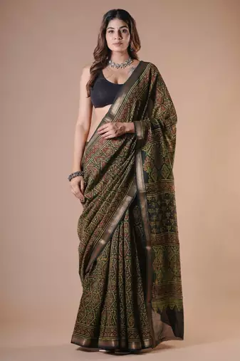 Green maheshwari silk saree with woven borders and beautiful hand block print