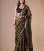Green maheshwari silk saree with woven borders and beautiful hand block print