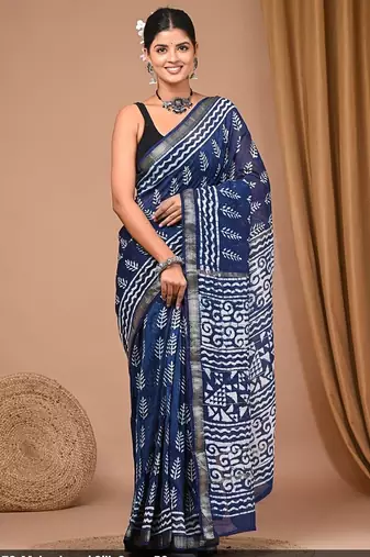 Blue maheshwari silk saree with woven borders and beautiful hand block print
