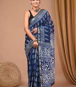 Blue maheshwari silk saree with woven borders and beautiful hand block print