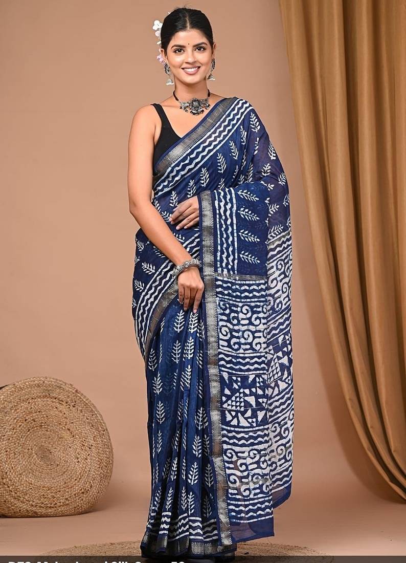 Blue maheshwari silk saree with woven borders and beautiful hand block print
