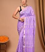 Lavender maheshwari silk saree with woven borders and beautiful hand block print