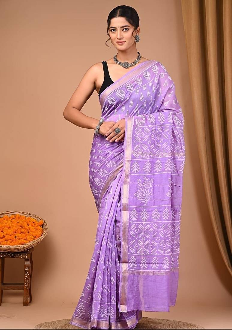Lavender maheshwari silk saree with woven borders and beautiful hand block print