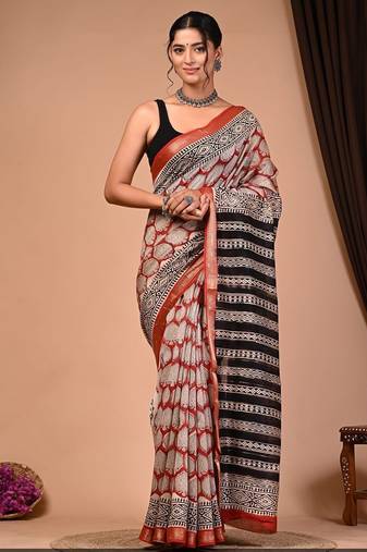 Multicolor maheshwari silk saree with woven borders and beautiful hand block print