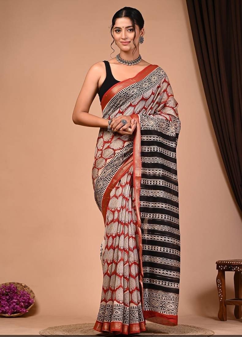 Multicolor maheshwari silk saree with woven borders and beautiful hand block print