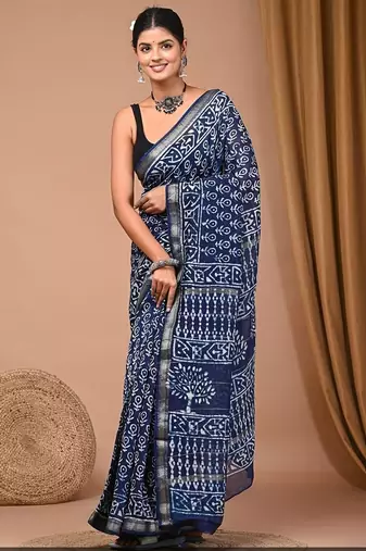 Blue maheshwari silk saree with woven borders and beautiful hand block print