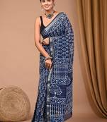 Blue maheshwari silk saree with woven borders and beautiful hand block print