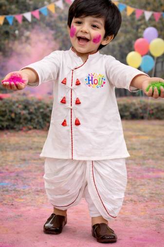 Boys white cotton angrakha kurta dhoti set     holi special edition