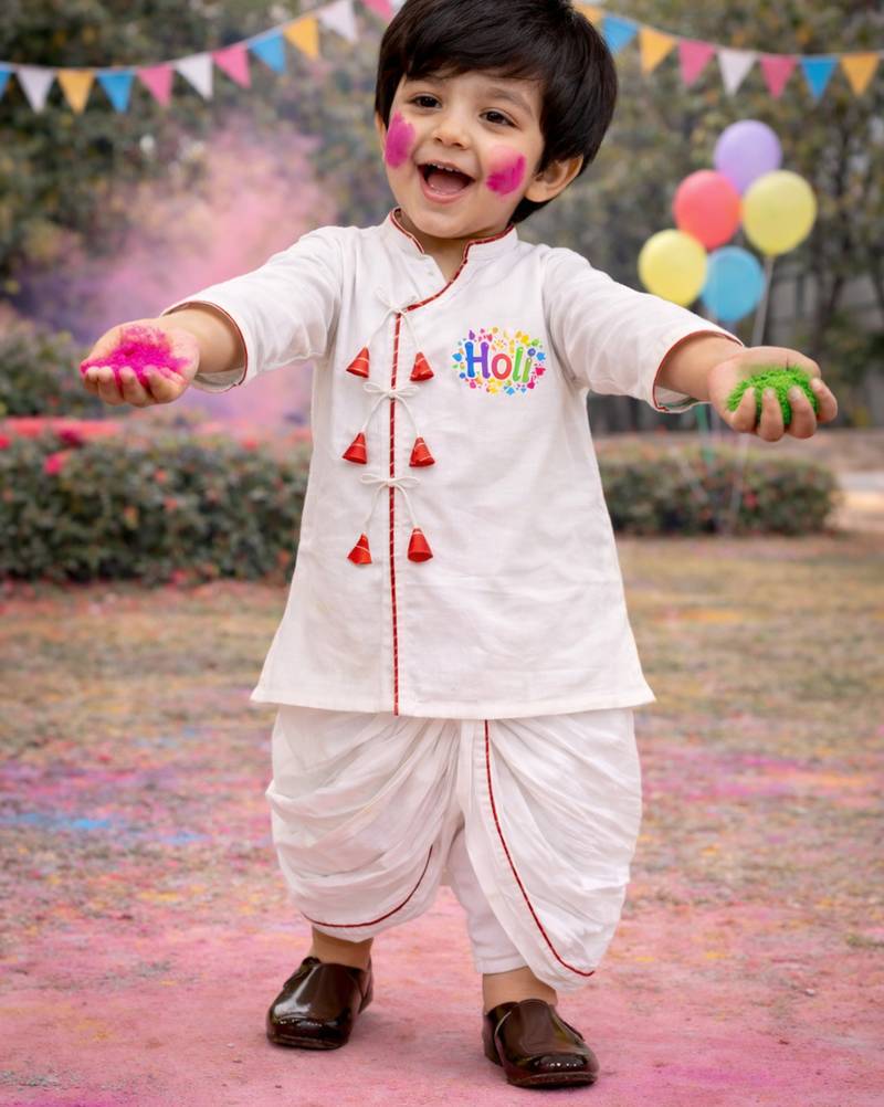 Boys white cotton angrakha kurta dhoti set     holi special edition