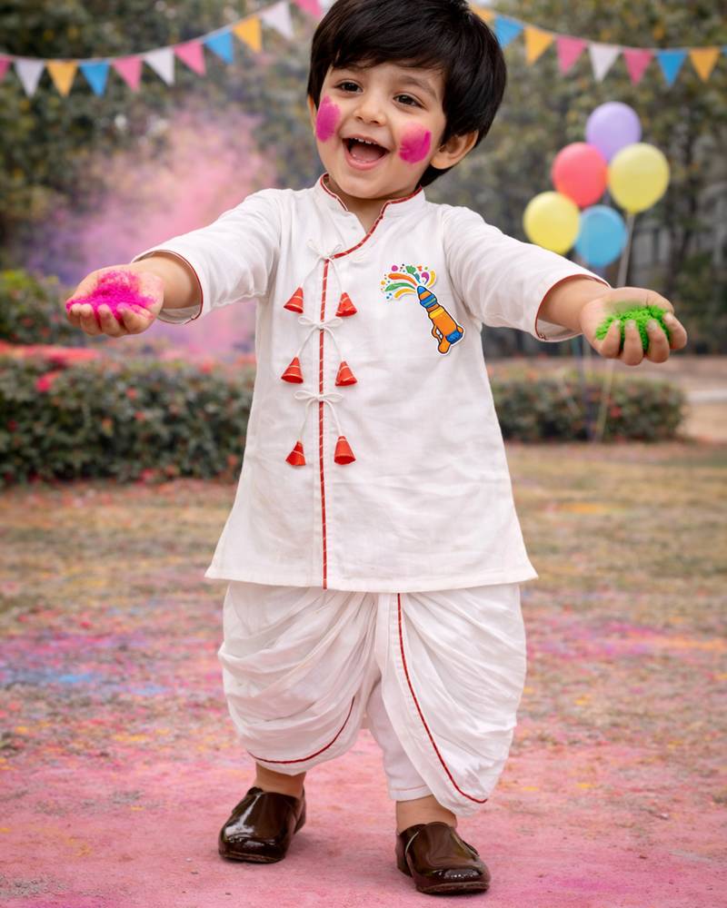 Boys white cotton angrakha kurta dhoti set     holi special edition