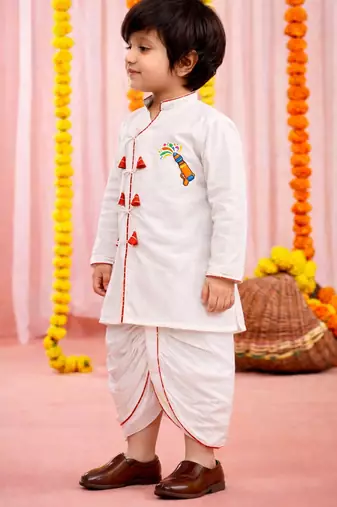 Boys white cotton angrakha kurta dhoti set     holi special edition