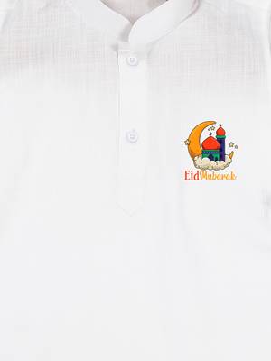 Boys white pure cotton kurta pyjama set with eid mubarak print 2