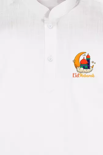Boys white pure cotton kurta pyjama set with eid mubarak print