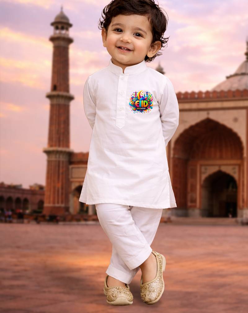 Boys white pure cotton kurta pyjama set with eid mubarak print