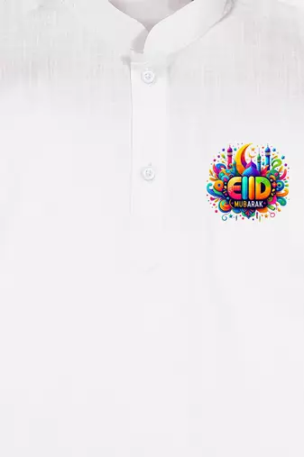 Boys white pure cotton kurta pyjama set with eid mubarak print