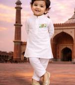 Boys white pure cotton kurta pyjama set with eid mubarak print