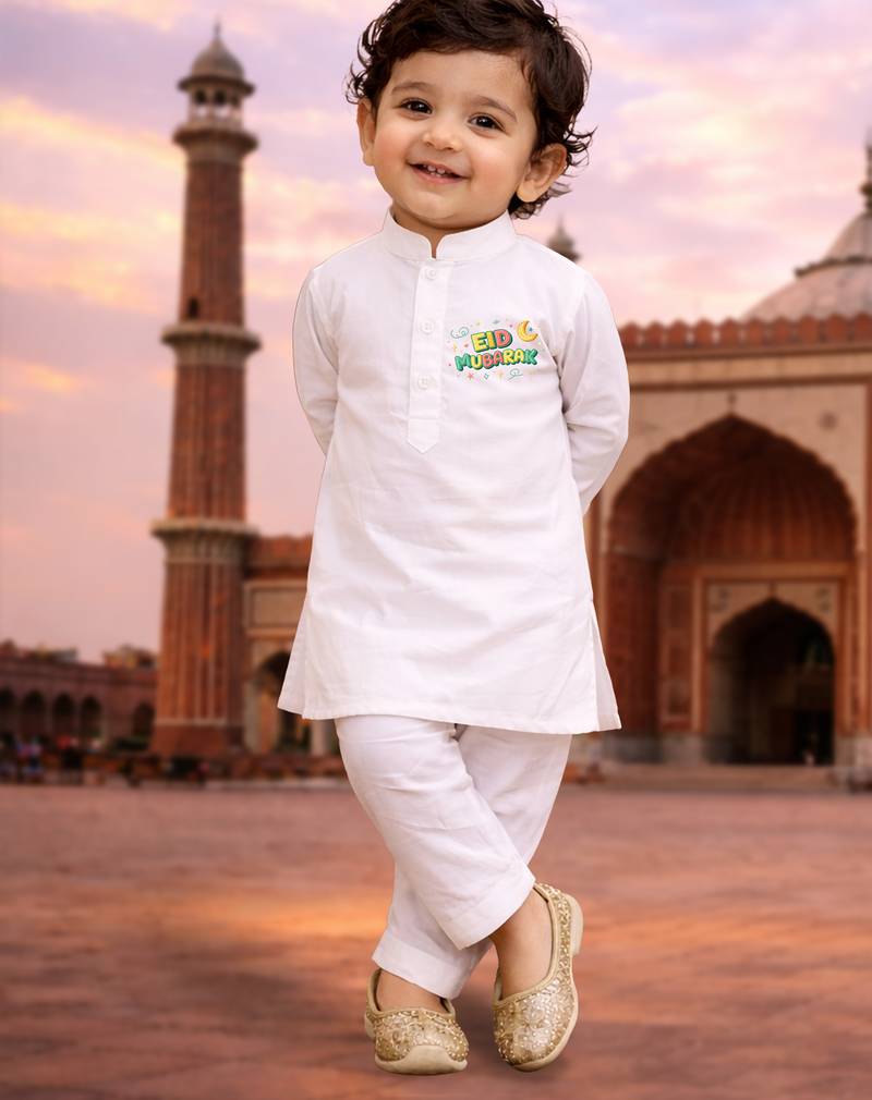 Boys white pure cotton kurta pyjama set with eid mubarak print