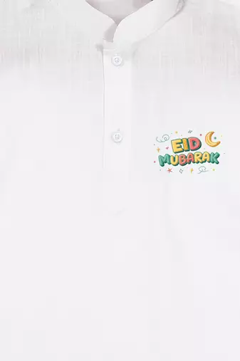 Boys white pure cotton kurta pyjama set with eid mubarak print