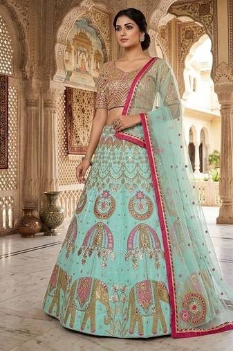 Designer Sea Green Silk Lehenga with Traditional Elephant Embroidery Work