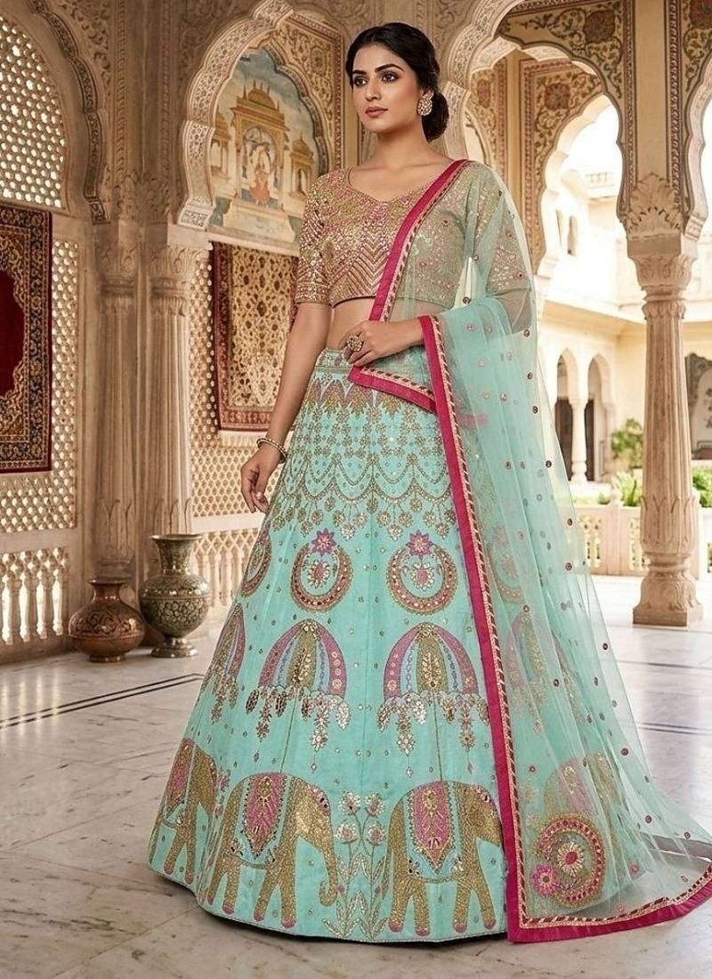 Designer Sea Green Silk Lehenga with Traditional Elephant Embroidery Work