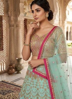 Designer Sea Green Silk Lehenga with Traditional Elephant Embroidery Work 2