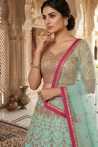 Designer Sea Green Silk Lehenga with Traditional Elephant Embroidery Work