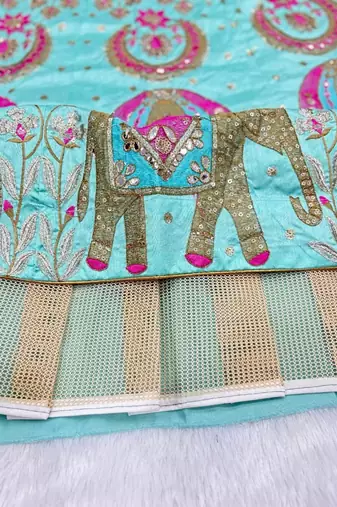 Designer Sea Green Silk Lehenga with Traditional Elephant Embroidery Work