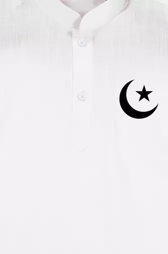 Boys white pure cotton kurta pyjama set with eid mubarak print